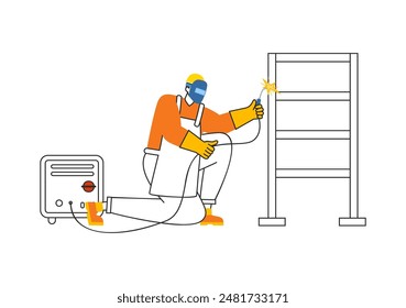 Ilustración vectorial de servicio de soldadura con un soldador de Profesional que trabaja en estructuras metálicas, tuberías y construcciones de acero en un fondo plano