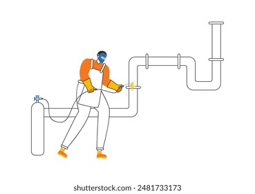 Ilustración vectorial de servicio de soldadura con un soldador de Profesional que trabaja en estructuras metálicas, tuberías y construcciones de acero en un fondo plano