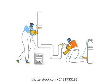 Welding Service Vector Illustration featuring a Professional Welder Working on Metal Structures, Pipes, and Steel Constructions in a Flat Background