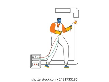 Ilustración vectorial de servicio de soldadura con un soldador de Profesional que trabaja en estructuras metálicas, tuberías y construcciones de acero en un fondo plano