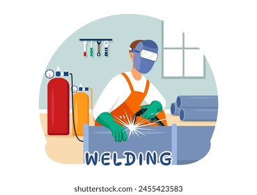 Welding Service Vector Illustration with Professional Welder Job Weld Metal Structures, Pipe and Steel Construction in Flat Cartoon Background