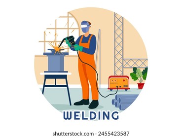 Welding Service Vector Illustration with Professional Welder Job Weld Metal Structures, Pipe and Steel Construction in Flat Cartoon Background