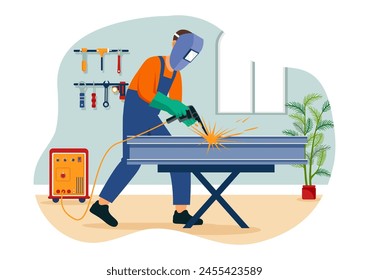 Welding Service Vector Illustration with Professional Welder Job Weld Metal Structures, Pipe and Steel Construction in Flat Cartoon Background