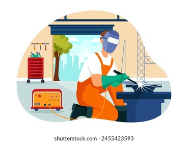 Welding Service Vector Illustration with Professional Welder Job Weld Metal Structures, Pipe and Steel Construction in Flat Cartoon Background