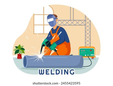 Welding Service Vector Illustration with Professional Welder Job Weld Metal Structures, Pipe and Steel Construction in Flat Cartoon Background