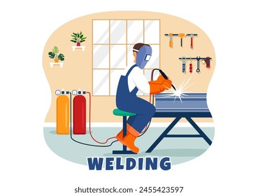 Welding Service Vector Illustration with Professional Welder Job Weld Metal Structures, Pipe and Steel Construction in Flat Cartoon Background