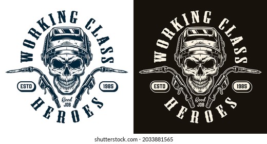 Welding service vintage design in monochrome style with inscriptions gas torches and skull in welder mask isolated vector illustration