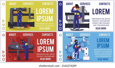 Welding service and works website layouts set, cartoon flat vector illustration. Welder service web banner templates with people working with welding machine.