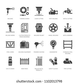 Welding Services Flat Glyph Icons. Rolled Metal Products, Steelwork, Stainless Steel Laser Cutting, Fabrication, Safety Equipment. Industry Sign For Welder. Solid Silhouette Pixel Perfect 64x64.