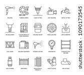 Welding services flat line icons. Rolled metal products, steelwork, stainless steel laser cutting, fabrication, turning works, safety equipment, powder coating. Industry thin sign for welder services.