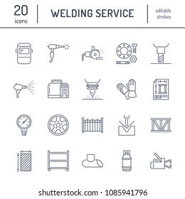 Welding services flat line icons. Rolled metal products, steelwork, stainless steel laser cutting, fabrication, turning works, safety equipment, powder coating. Industry thin sign for welder services.