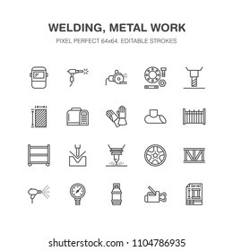 Welding services flat line icons. Rolled metal products, steelwork, stainless steel laser cutting, fabrication, safety equipment. Industry outline sign for welder. Pixel perfect 64x64.