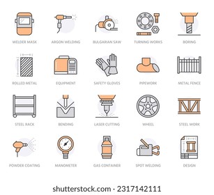 Iconos de línea plana de servicios de soldadura. Productos de metal rodado, acero, corte láser de acero inoxidable, trabajos de torneado, equipos de seguridad. Señales delgadas de la industria para trabajos de hierro. Color naranja. Trazo editable