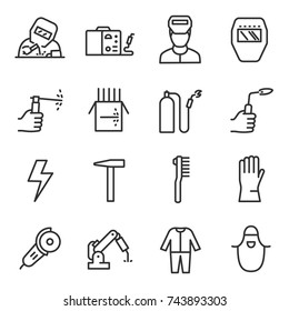 Welding a set of icons in a linear style. Tools and work with welding equipment. Line with editable stroke
