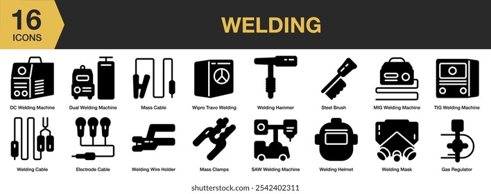 Conjunto de iconos sólidos de soldadura. Incluye máquina de soldadura, cable de electrodo, regulador, abrazaderas de masa y más. Colección de Vector de iconos sólidos.