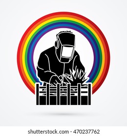 Welding with sparks designed on line rainbows background graphic vector.