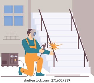 Concepto de barandas de escalera de soldadura, artesanía y diseño de Vectores de seguridad, Anuncio de trabajadores de la construcción, escena de trabajo calificado, obras de ingeniería civil