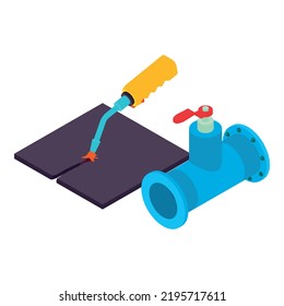 Welding Steel Icon Isometric Vector. Welding Torch And Pipe Part With Valve Icon. Industrial Equipment, Repair And Construction Work