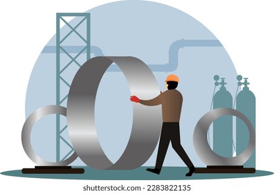 welding in the steel tube vector illustration,iron workers pushing iron hoops at the factory, iron and steel industry factory