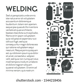Welding toolkit, building and reapair tools, gas balloon vector. Rotating circular saw blade and weld machine, protective wear, mask and apron, gloves. Construction works equipment and items, screw