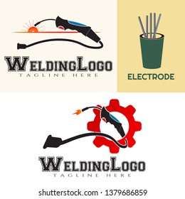 Welding torch logo with spark concept design. Welder tool icon. electrode. workshop. technology - Vector set