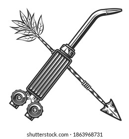 Welding torch repair tool from new construction crossed with arrow isolated vintage monochrome vector illustration