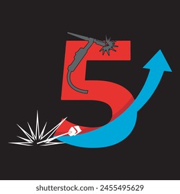 Welding torch with spark logo design and 5 up sign. Welder tool vector design. Welding work logotype
