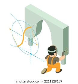 Welding work icon isometric vector. Welder carries welding work near curly arch. Designing, building, reconstruction