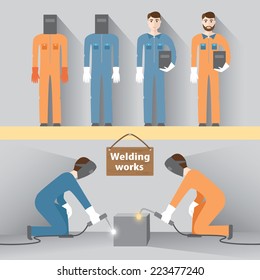 Welding work. Male welder. The profession of welder. Vector.