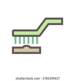 Welding work or metal workpiece cleaning by using wire brush to remove slag, rust, paint and dirt. Device is tool consist of steel wire or bristle made from brass or stainless steel. Vector icon.