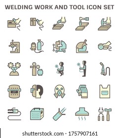 Welding work and tool icon i.e. torch, grinder, oxygen and fuel tank, machine and welder. Include safety equipment i.e. mask, gloves, apron etc. For electrode welding, metalworking and fabrication.