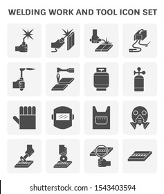 Welding work and welding tool to joint metal workpiece by using electricity, Welder fusing metal material together, Arc welding process to used join metal to metal by using electricity , Vector icon.