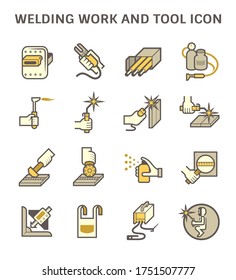 Welding work and welding tool to joint metal workpiece by using electricity, Welder fusing metal material together, Arc welding process to used join metal to metal by using electricity , Vector icon.