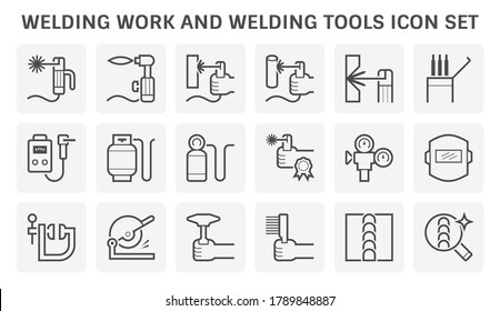 Welding work and welding tool to joint metal workpiece by using electricity, Welder fusing metal material together, Arc welding process to used join metal to metal by using electricity , Vector icon.