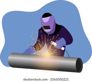 welding worker in the construction industry, welder wearing protective mask and safety tool vector illustration, industry and manufacture concept