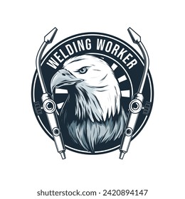 Welding worker logo template with eagle mascot