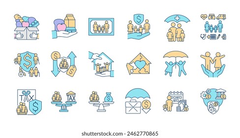 Welfare Family Icon Set including family, food, health, insurance, tax, children, disability etc.