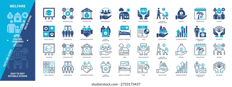 Welfare icon set. Human Rights, Education, Medical Treatment, Taxes, Home, Food, Vacation, Wellbeing. Duotone color solid and editable outline icons