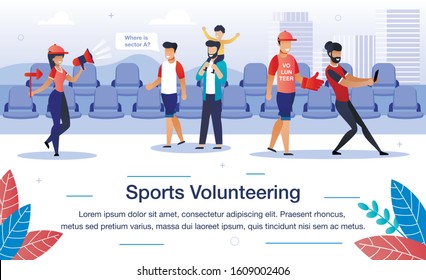 Welfare Sports Volunteering Trendy Flat Vector Banner, Poster Template. Female, Male Volunteers Helping Tourists or Event Guests to Find Their Seats on Stadium During Game or Competition Illustration