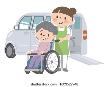 Welfare vehicles and wheelchair senior women and nursing staff