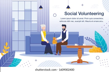 Welfare Volunteering and Social Work Service Trendy Flat Vector Banner, Poster Template. Male Volunteer, Young Man Talking, Spending Time with Lonely Lady, Visiting at Home Senior Woman Illustration