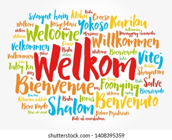 Welkom (Welcome in Afrikaans) word cloud in different languages, conceptual background