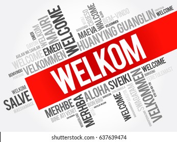 Welkom (Welcome in Afrikaans) word cloud in different languages, conceptual background