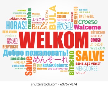 Welkom (Welcome in Afrikaans) word cloud in different languages, conceptual background