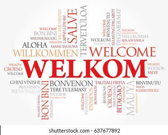 Welkom (Welcome in Afrikaans) word cloud in different languages, conceptual background