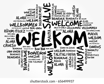 Welkom (Welcome in Afrikaans) word cloud in different languages, conceptual background