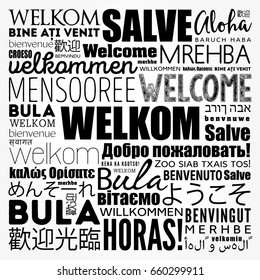 Welkom (Welcome in Afrikaans) word cloud in different languages, conceptual background