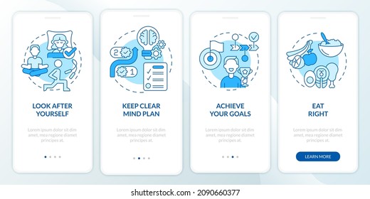 La vida equilibrada da consejos a la pantalla azul de aplicaciones móviles. Recorrido de estilo de vida 4 pasos páginas de instrucciones gráficas con conceptos lineales. UI, UX, plantilla GUI. Multitud de tipos de letra Pro-Bold, con uso regular