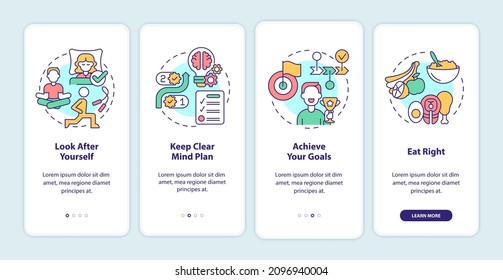 Well balanced life tips onboarding mobile app screen. Selfcare walkthrough 4 steps graphic instructions pages with linear concepts. UI, UX, GUI template. Myriad Pro-Bold, Regular fonts used