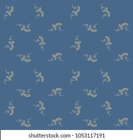 a well balansed seamless pattern with doodle ornaments in yellow resambling small crowns against a blue background